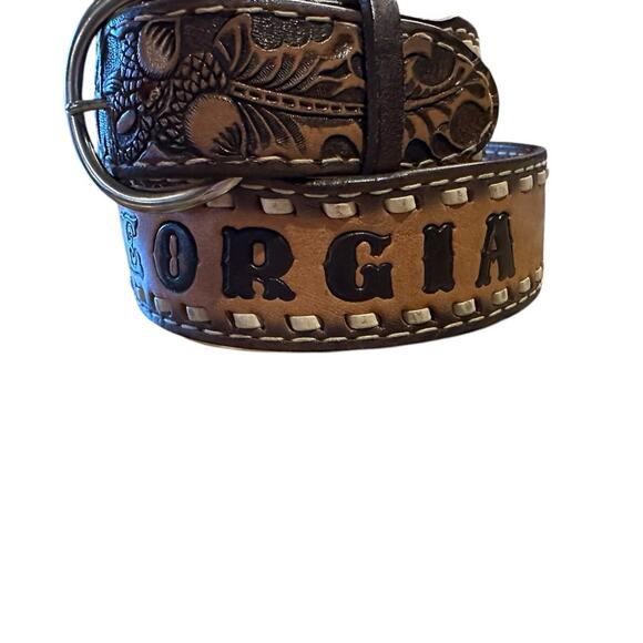 Vintage 32” Hand Tooled Oak Leaf Brown Leather Belt with name Georgia on Back - Picture 1 of 6